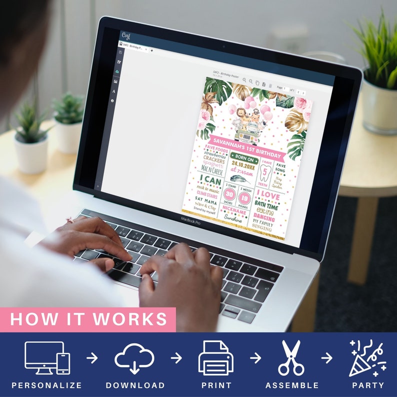 May include: A printable digital download for a first birthday party. The poster features a pink and green tropical theme with a jungle animal illustration. The poster includes the child's name, birthdate, and a list of things the child can do and loves.