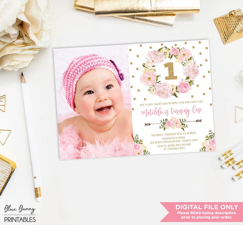 Blush Floral Wreath Pink Gold Confetti Glitter Party Invite Boho Wild One Girls Birthday FLO18A Pink and Gold First 1st Birthday Invitation