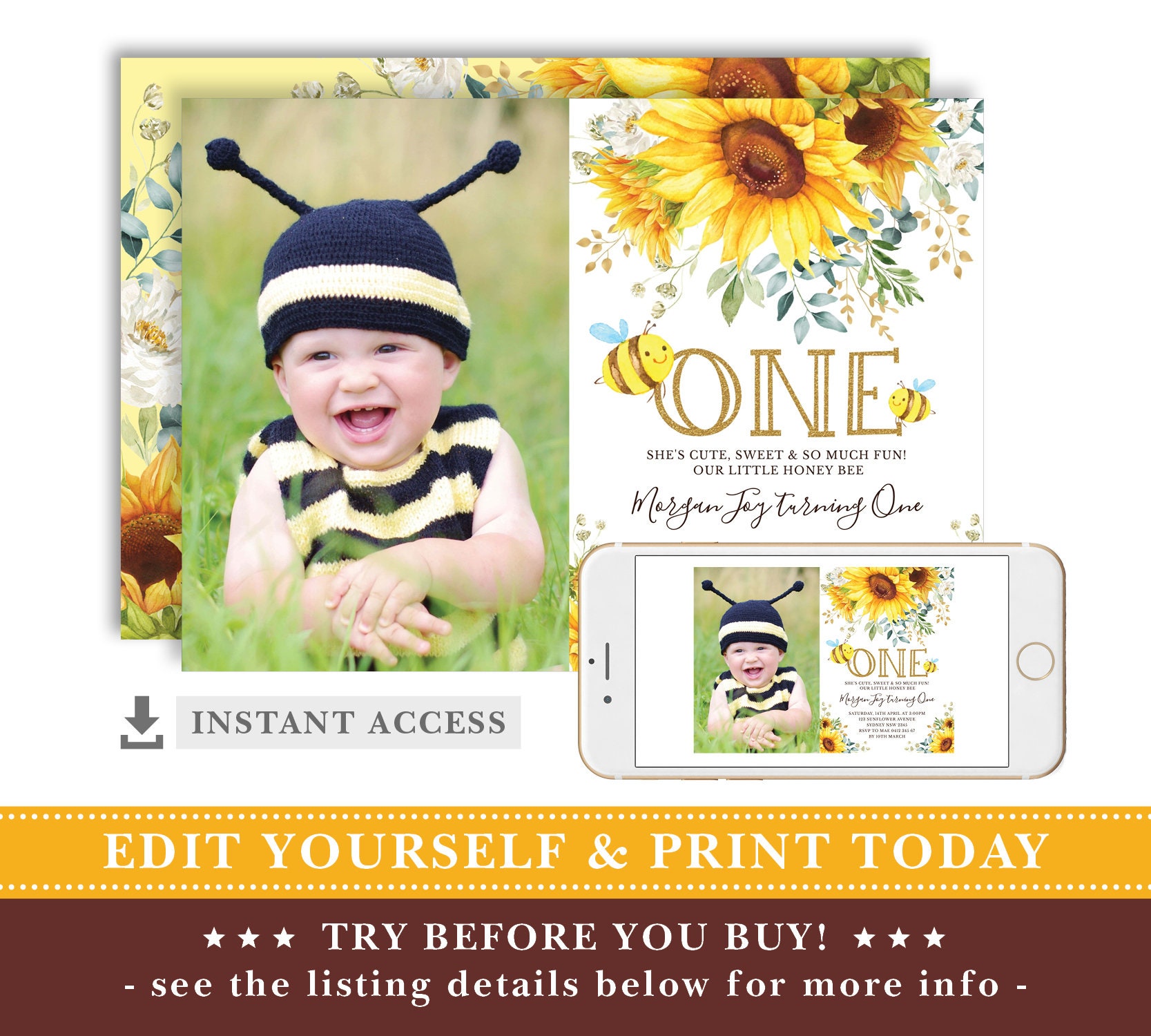 Honey Bee 1st Birthday Invitation TEMPLATE. Watercolor Sunflowers Party ...