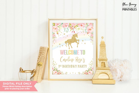 Rainbow Unicorn Welcome Sign. Pink Gold Floral Birthday Party Decor Printable Sign. Confetti Photo Booth Props. Birthday Decoration. UNI10C Il_570xn