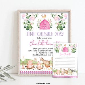 Girl Farm TIME CAPSULE, Barnyard Animals First 1st Birthday Party Décorations, Carte de conseils floraux rose violet modèle MODIFIABLE, FARM8