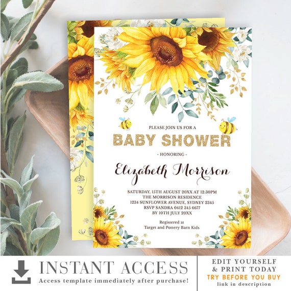 Sunflower & Bumble Bee Baby Shower Invitation. Summer Watercolor Yellow