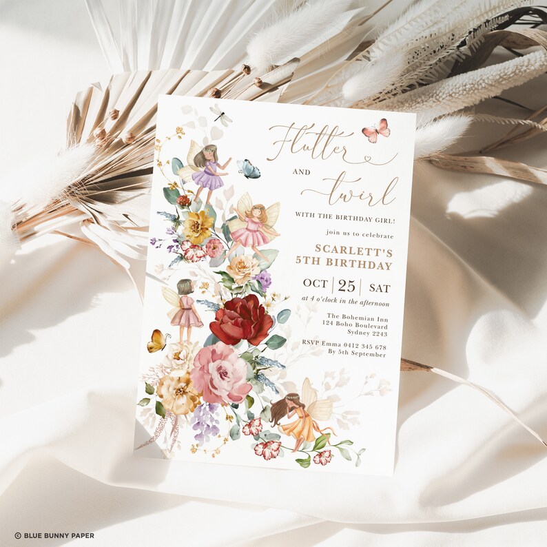 May include: A floral-themed invitation for a 5th birthday party. The invitation features a whimsical design with fairies, butterflies, and flowers. The text reads "Flutter and Twirl with the birthday girl! Scarlett's 5th Birthday, Oct 25 Sat, at 4 o'clock in the afternoon, The Bohemian Inn, 124 Boho Boulevard, Sydney 2243, RSVP Emma 0112 345 678, By 5th September."