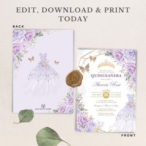 Pode incluir: Convite para Quincea&ntilde;era roxo e dourado com um design floral e uma coroa. O texto diz "Quincea&ntilde;era Aurora Rose" e inclui a data e a hora do evento.