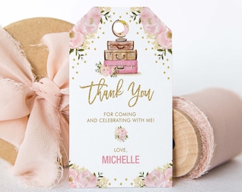 May include: Pink and gold thank you tag with a floral design and a stack of vintage suitcases. The text reads "Thank You" and "For coming and celebrating with me! Love, Michelle".