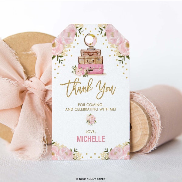 Editable Travel Bridal Shower Favor Tag, Traveling from Miss to Mrs Thank You Tags Template, Blush Floral Adventure Baby Girl Download, TRA3