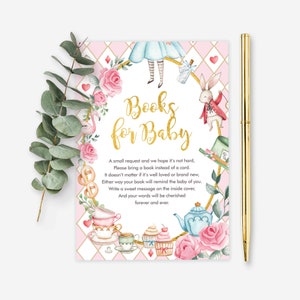 Livres modifiables d'Alice au pays des merveilles pour carte de bébé, insertion de demande de livre floral rose, téléchargement immédiat de clôture de tea party du chapelier fou, AL1