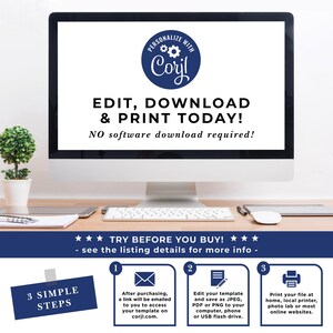 May include: A computer screen displaying instructions on how to edit, download, and print a digital template using the website "corjl.com". The screen is on a desk with a potted plant, a keyboard, and a pen.