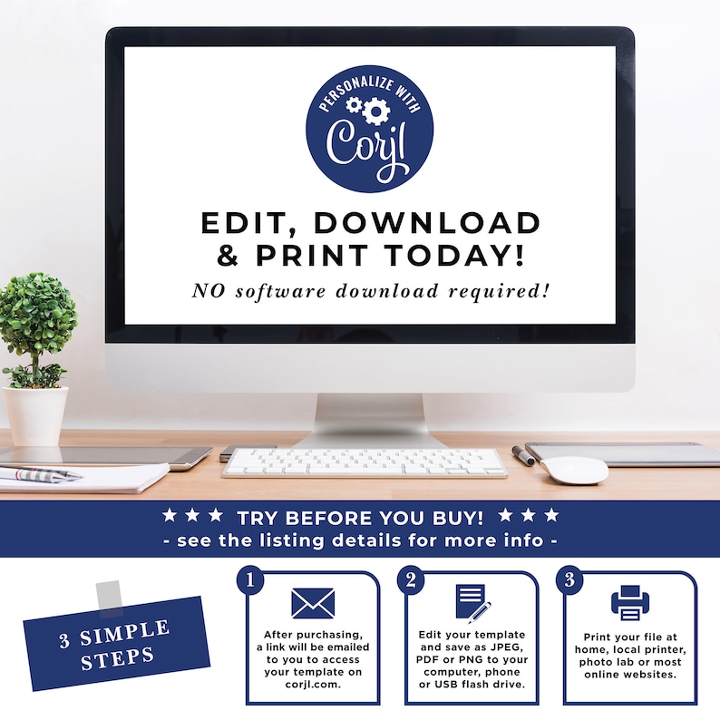 May include: A computer screen displaying instructions on how to edit, download, and print a digital template using the website "corjl.com". The screen is on a desk with a potted plant, a keyboard, and a pen.