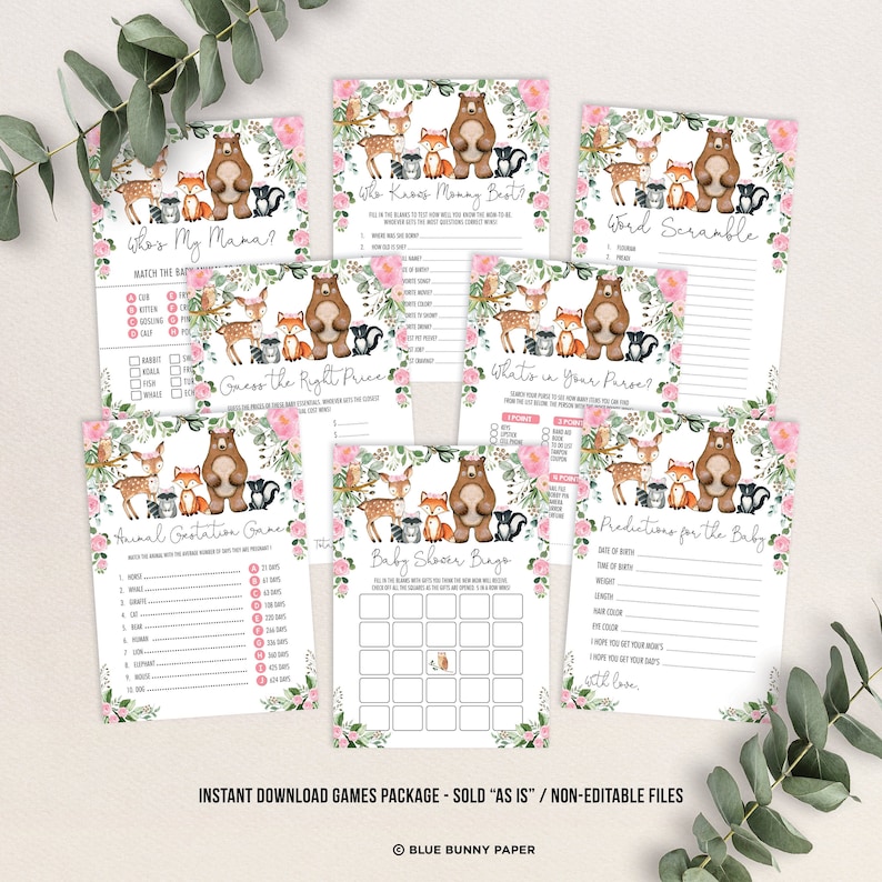 Op de afbeelding: Een set met printbare babyshower-spellen met bosdieren zoals een beer, vos, hert en wasbeer. De spellen omvatten "Wie kent mama het beste", "Raad de juiste prijs", "Wat zit er in je tas", "Dierlijke draagtijd-spel", "Babyshower-bingo", "Woordenscramble" en "Voorspellingen voor de baby".