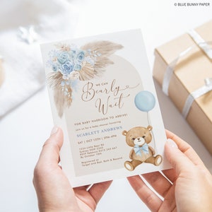 Teddy Bear Baby Shower Invitation, We Can Bearly Wait Baby Boy Editable Template, BR11 image 5