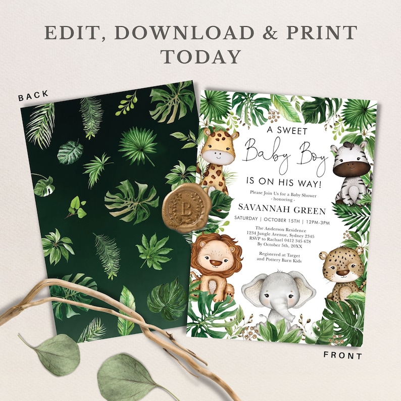 May include: A baby shower invitation with a jungle theme. The invitation features a white background with green tropical leaves and cute cartoon animals, including a giraffe, lion, zebra, elephant, and leopard. The text reads "A Sweet Baby Boy Is On His Way!" and includes the name Savannah Green, the date and time of the shower, and the location.