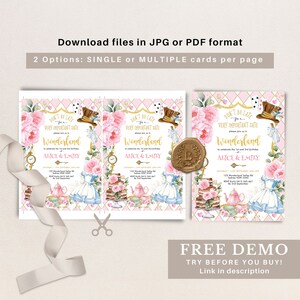 K&ouml;nnte beinhalten: Zwei rosafarbene und goldene Einladungen zu einer Alice im Wunderland-Geburtstagsparty mit einer wei&szlig;en Teetasse, Teekanne und einem Kuchen. Die Einladungen haben einen rosa-wei&szlig; karierten Hintergrund mit goldenen Akzenten. Der Text auf den Einladungen lautet "Seien Sie nicht zu sp&auml;t f&uuml;r ein sehr wichtiges Date - Wunderland".