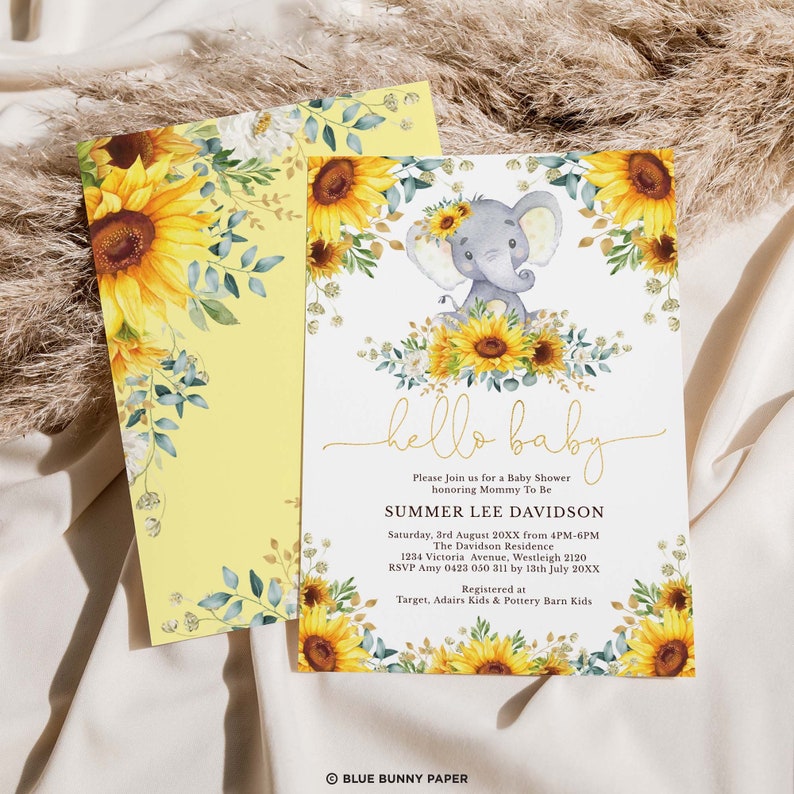 EDITABLE Sunflower Elephant Baby Shower Invitation Summer Etsy Australia