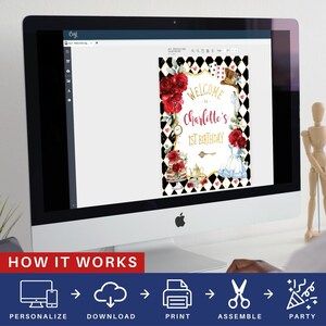 May include: A printable welcome sign for a first birthday party with a whimsical Alice in Wonderland theme. The sign features a black and white checkered background with red roses, a teacup, a pocket watch, and a key. The text on the sign reads "Welcome to Charlotte's 1st Birthday".