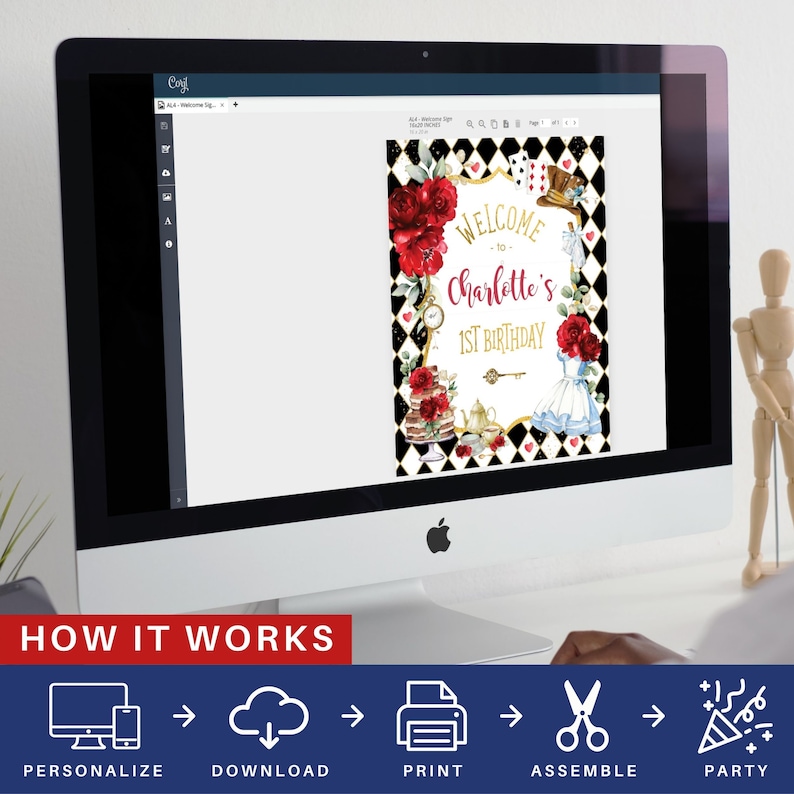 May include: A printable welcome sign for a first birthday party with a whimsical Alice in Wonderland theme. The sign features a black and white checkered background with red roses, a teacup, a pocket watch, and a key. The text on the sign reads "Welcome to Charlotte's 1st Birthday".