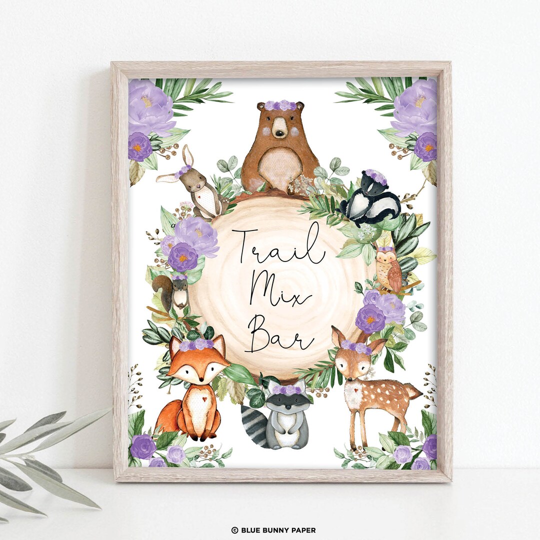 Purple Floral Woodland Trail Mix Bar Sign Forest Animals Etsy