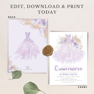May include: Purple and white Quincea&ntilde;era invitation with a watercolor illustration of a dress, flowers, and greenery. The text reads "Please join us for a Quincea&ntilde;era to celebrate the 15th birthday of Aurora Grace. Saturday, August 15th at 2:00 PM. The Hyde Park Hotel, 1234 Miller Street, Sydney 2545. RSVP by October 10th to Angela at 0412 345 678. Hosted by the Williams Family."