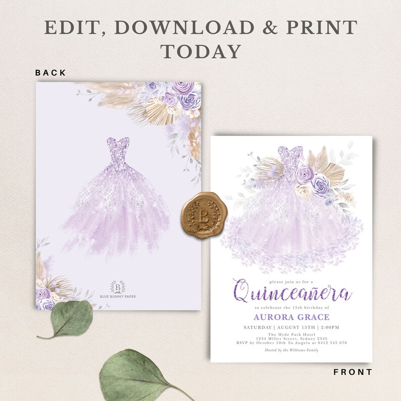 May include: Purple and white Quincea&ntilde;era invitation with a watercolor illustration of a dress, flowers, and greenery. The text reads "Please join us for a Quincea&ntilde;era to celebrate the 15th birthday of Aurora Grace. Saturday, August 15th at 2:00 PM. The Hyde Park Hotel, 1234 Miller Street, Sydney 2545. RSVP by October 10th to Angela at 0412 345 678. Hosted by the Williams Family."