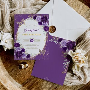 A 50th birthday invitation and the backside with a purple color scheme.