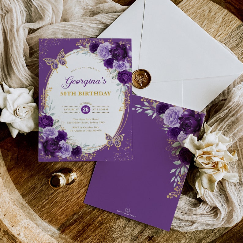 A 50th birthday invitation and the backside with a purple color scheme.