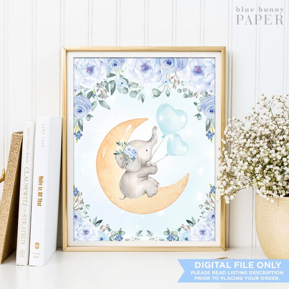 Boy Baby Elephant Nursery Art / Watercolor Blue Floral / Jungle Baby Shower Decorations / INSTANT DOWNLOAD / MOON5 Il_570xn