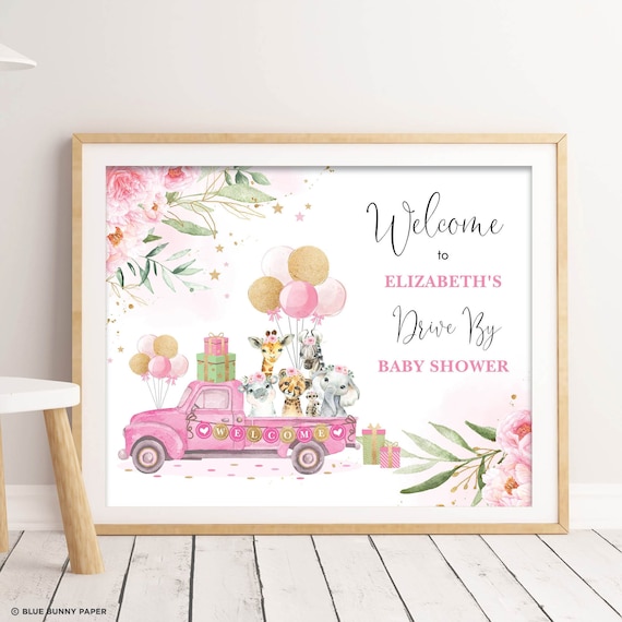 Drive By Safari Baby Shower Poster DB5 EDITABLE Girl Jungle Welcome Sign Pink Floral Wild Animals 1st Birthday Template Instant Download