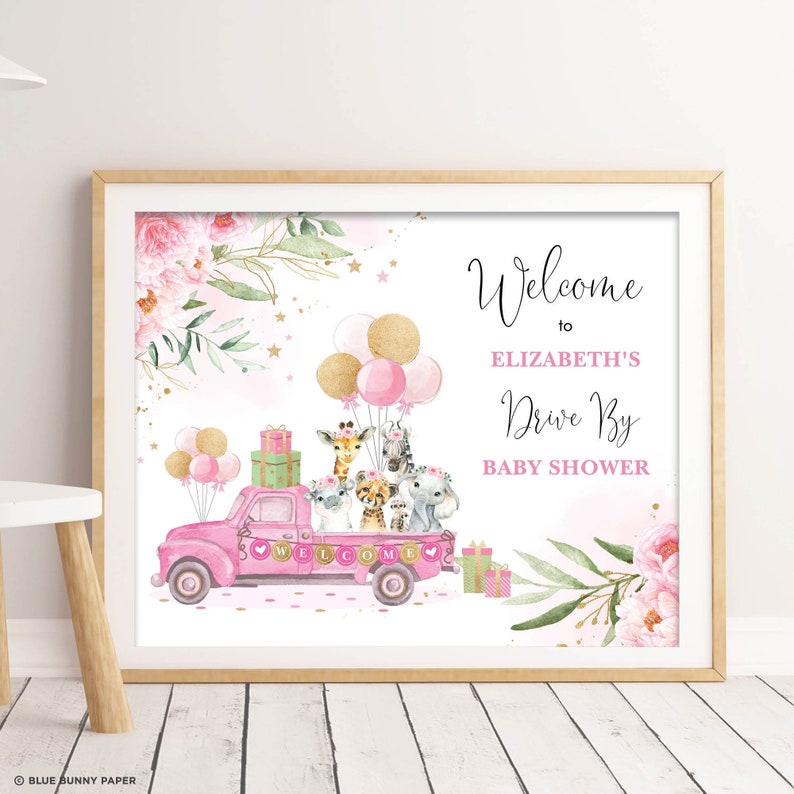 Drive By Safari Baby Shower Poster DB5 EDITABLE Girl Jungle Welcome Sign Pink Floral Wild Animals 1st Birthday Template Instant Download