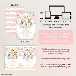 May include: A pink and gold baby shower invitation template featuring a floral wreath and animal illustrations. The text reads "Baby Shower Savannah Phillips" and includes the date and time of the event. The back of the invitation features a pink and gold striped pattern.
