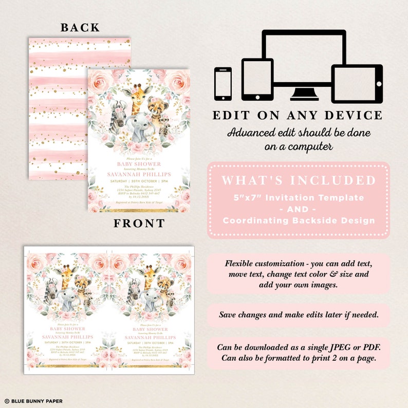 May include: A pink and gold baby shower invitation template featuring a floral wreath and animal illustrations. The text reads "Baby Shower Savannah Phillips" and includes the date and time of the event. The back of the invitation features a pink and gold striped pattern.