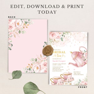 May include: A pink and gold bridal shower invitation with a teapot and teacups. The invitation features a floral design and the text "Bridal Tea" and "Sarah Cooper".