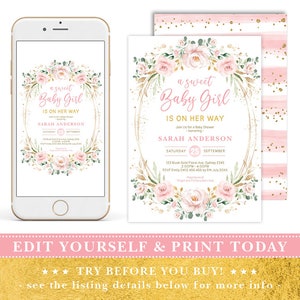 May include: A pink and gold baby shower invitation with a floral wreath and the text "a sweet Baby Girl is on her way" and "Join Us for a Baby Shower honoring Sarah Anderson".