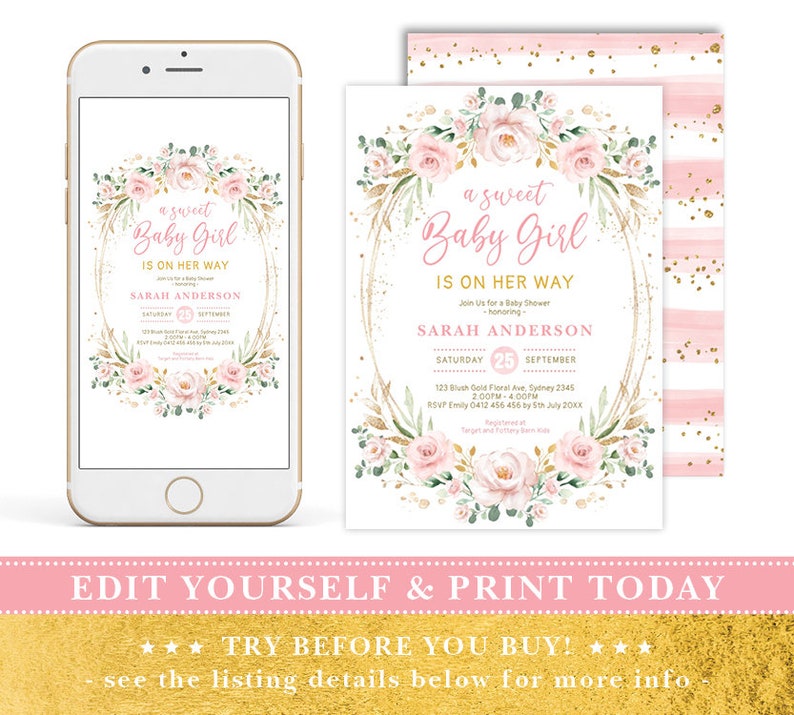 May include: A pink and gold baby shower invitation with a floral wreath and the text "a sweet Baby Girl is on her way" and "Join Us for a Baby Shower honoring Sarah Anderson".