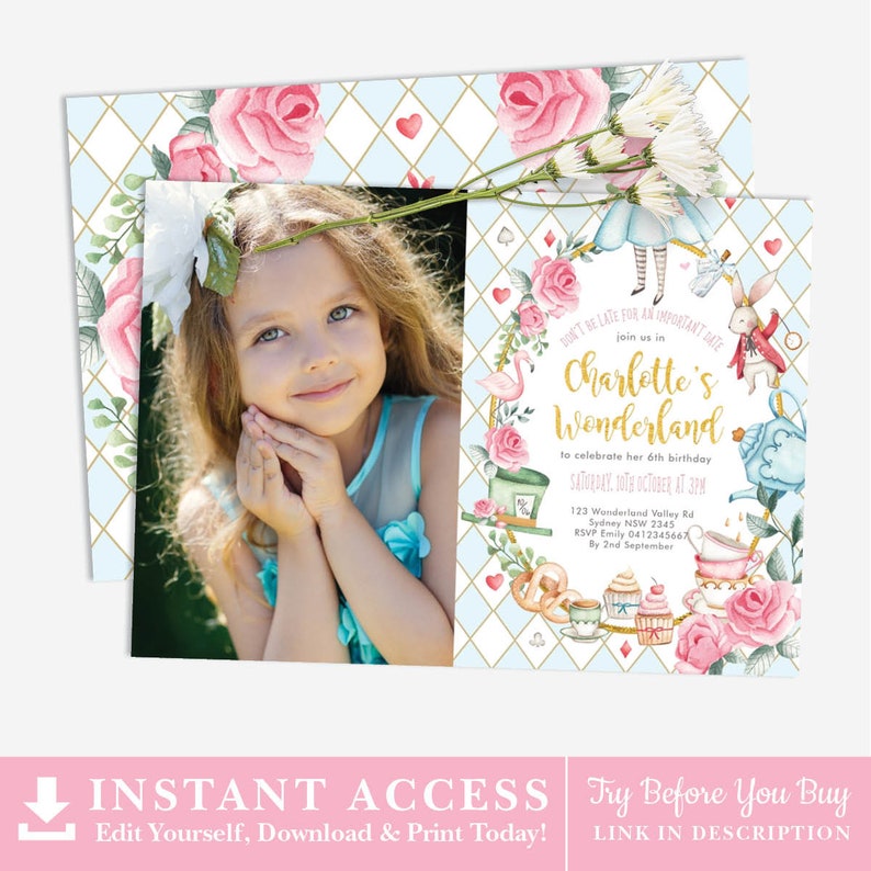 May include: A printable invitation for a 6th birthday party with a whimsical Alice in Wonderland theme. The invitation features a photo of a young girl, a pink flamingo, a teapot, a cupcake, and a white rabbit. The text on the invitation reads "Don't be late for an important date, join us in Charlotte's Wonderland to celebrate her 6th birthday, Saturday, 10th October at 3pm, 123 Wonderland Valley Rd, Sydney NSW 2345, RSVP Emily 0412345667 by 2nd September."