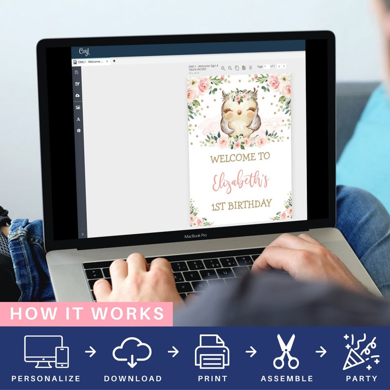May include: A laptop screen displaying a printable welcome sign for a first birthday party. The sign features a watercolor illustration of an owl with pink flowers and gold glitter. The text on the sign reads "Welcome to Elizabeth's 1st Birthday".