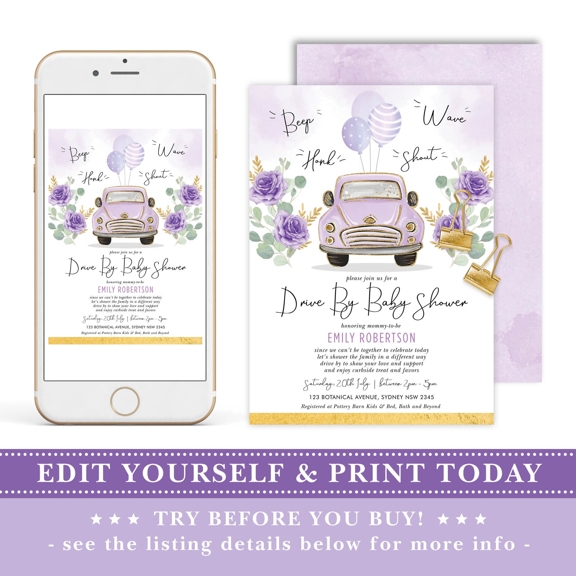 Editable Drive Thru Baby Shower Invitation. Purple Gold Car Etsy Canada