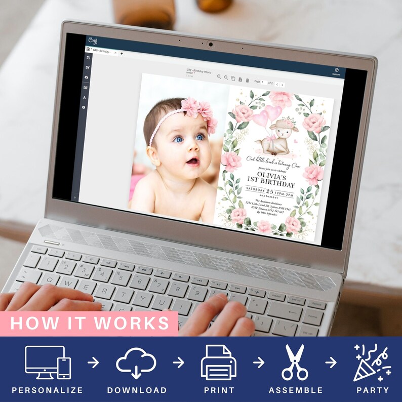May include: A laptop screen displaying a digital invitation for a baby's first birthday party. The invitation features a cute illustration of a lamb with pink balloons and floral accents. The text on the invitation reads "Our little lamb is turning one, please join us to celebrate Olivia's 1st Birthday".