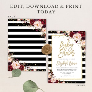 May include: Black and white striped baby shower invitation with gold glitter and burgundy floral accents. The text reads "Baby Shower Elizabeth Brown" with the date, time, and location of the event. RSVP information is also included.