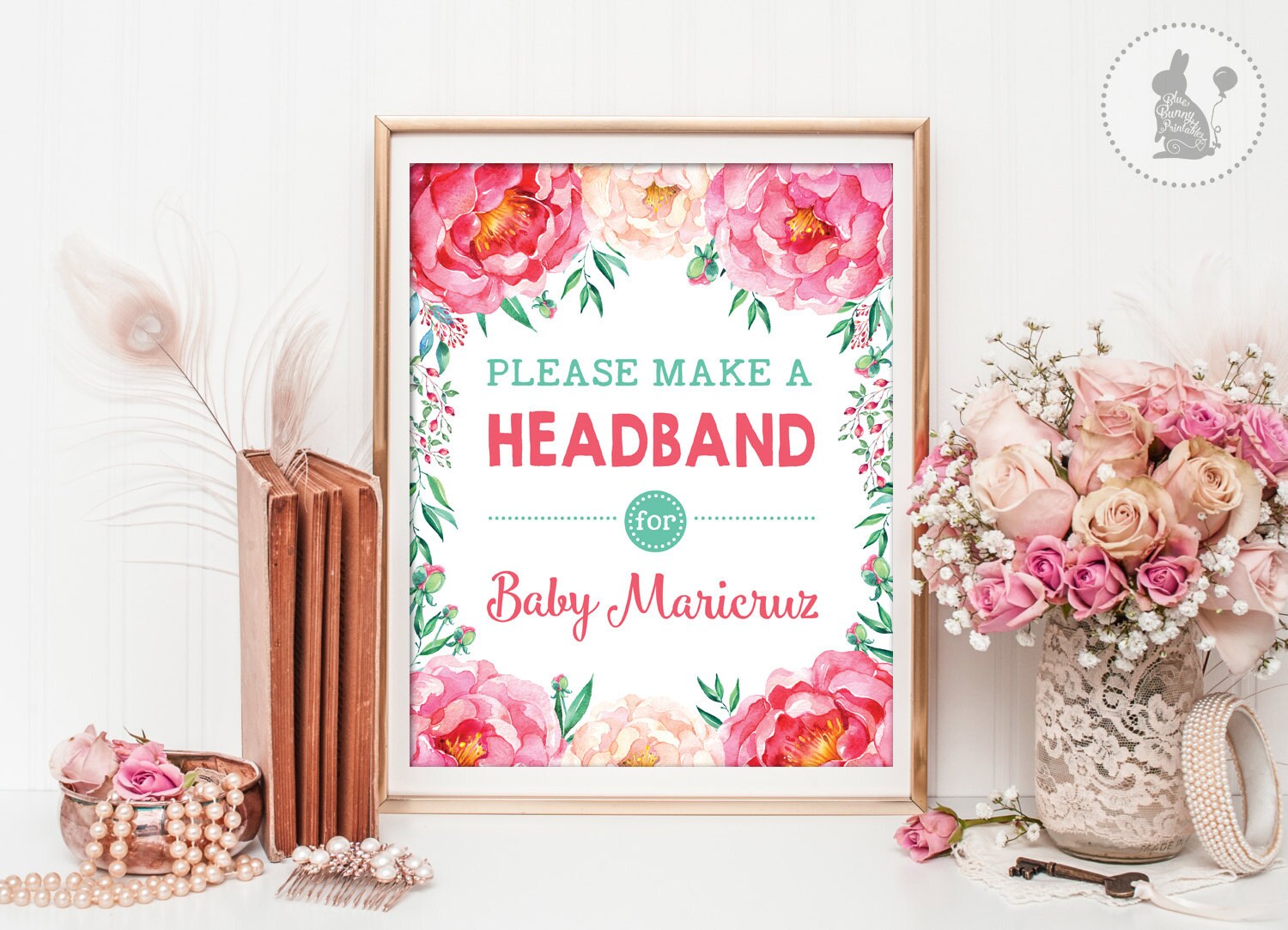 HEADBAND SIGN. Printable. Floral Baby Shower Headband Station Etsy