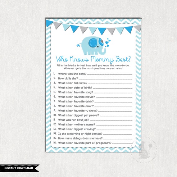 Instant Download eb11 Baby Shower Elephant Blue Printable Who Knows Mommy Best and Baby Shower Memory Game with Elephant Blue and Gray