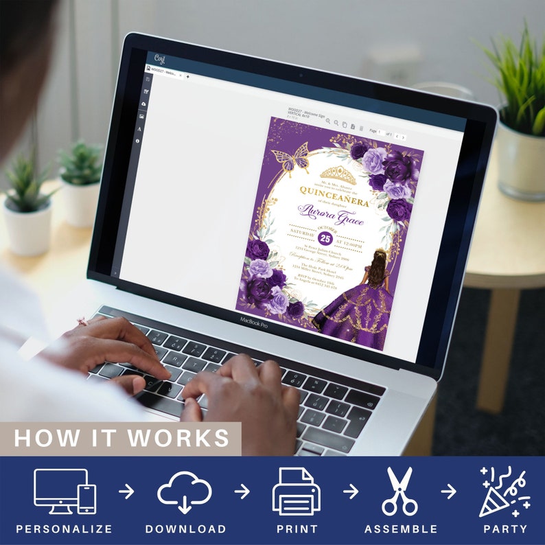 May include: A digital design for a Quincea&ntilde;era invitation. The invitation features a purple and gold color scheme with a floral design and a butterfly. The text on the invitation reads "Quincea&ntilde;era Aurora Grace 25".