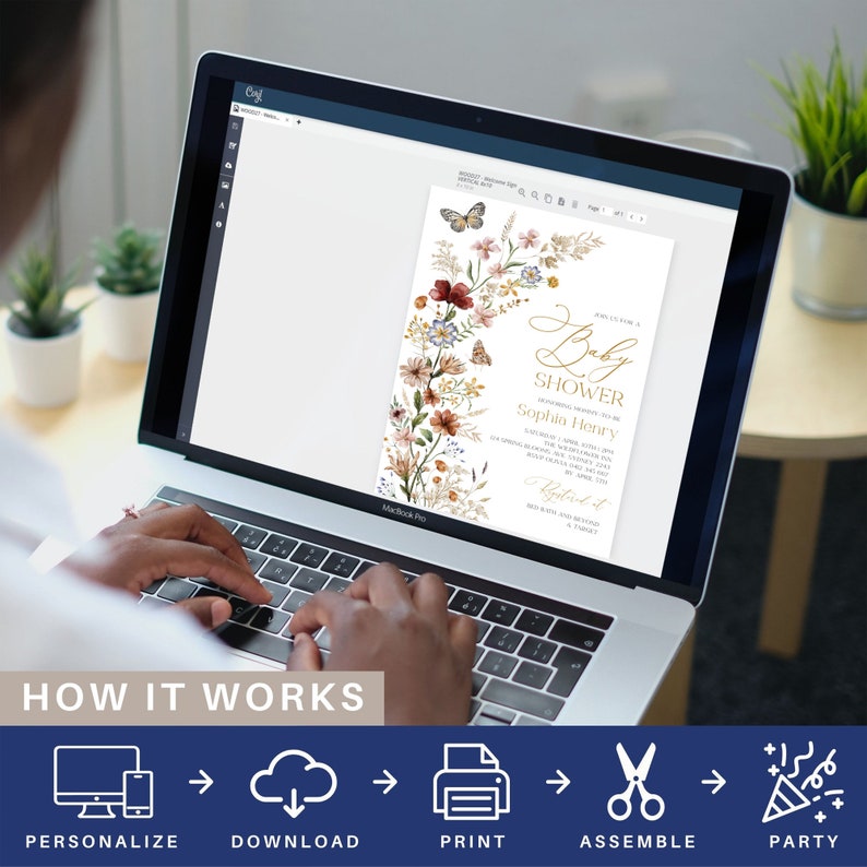 May include: A digital design for a baby shower invitation with a floral wreath and butterflies. The text reads "Join us for a Baby Shower" and "Sophia Henry".