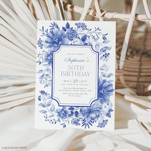 50th Birthday Invitation for Women, Blue White Porcelain Party Invite Template, Blue Willow Floral Chinoiserie EDITABLE Corjl Printable, BW1