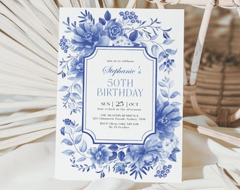 50th Birthday Invitation for Women, Blue White Porcelain Party Invite Template, Blue Willow Floral Chinoiserie EDITABLE Corjl Printable, BW1
