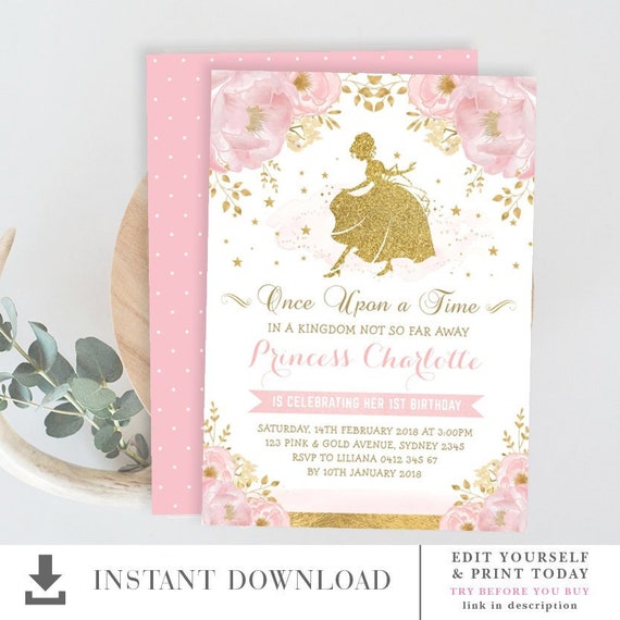 EDITABLE Princess Birthday Invitation. Blush Pink And Gold.