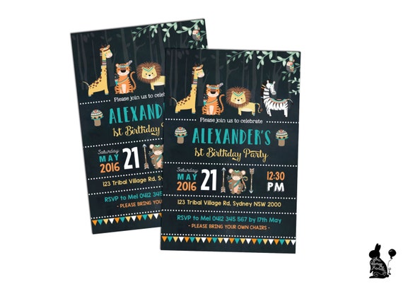 TRIBAL Jungle Birthday Invitation. Tribal Animal Invite. First Birthday. Jungle Animals. Pow Wow Party Invitation. Chalkboard. Boho. JUN1 Il_570xn