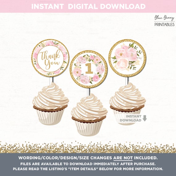 Pink and Gold FLORAL CUPCAKE TOPPERS. 1st First Birthday Decorations. Chic Party Favors. Boho Baby Girl Tags. Shabby Floral Party FLO18A Il_570xn