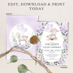 May include: A purple and green baby shower invitation featuring a cute cartoon lamb holding balloons. The text reads "Join us for a Baby Shower honouring mummy-to-be Louisa Andersen, Saturday, September 25, 12PM-2PM. The Andersen Residence, 1234 Little Lamb Rd, Sydney NSW 2345, RSVP Rebecca 0412 345 667 by 10th September. Registered at Pottery Barn Kids & Adios Kids."