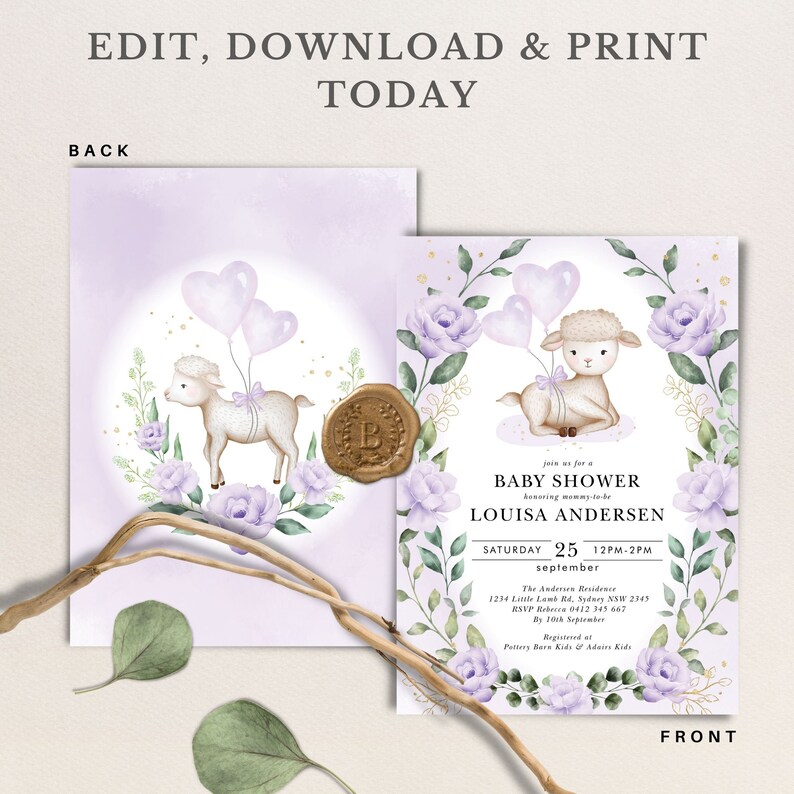 May include: A purple and green baby shower invitation featuring a cute cartoon lamb holding balloons. The text reads "Join us for a Baby Shower honouring mummy-to-be Louisa Andersen, Saturday, September 25, 12PM-2PM. The Andersen Residence, 1234 Little Lamb Rd, Sydney NSW 2345, RSVP Rebecca 0412 345 667 by 10th September. Registered at Pottery Barn Kids & Adios Kids."