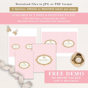 K&ouml;nnte beinhalten: Druckbare Etiketten f&uuml;r Schokoladentafeln mit rosa Hintergrund, goldener Krone und dem Text "Princess Mia's 1st Birthday". Die Etiketten sind in zwei Gr&ouml;&szlig;en erh&auml;ltlich, um auf 1,5 oz Hershey's Schokoladentafeln (US) oder 40 g Aldi Choceur Schokoladentafeln (Australien) zu passen.